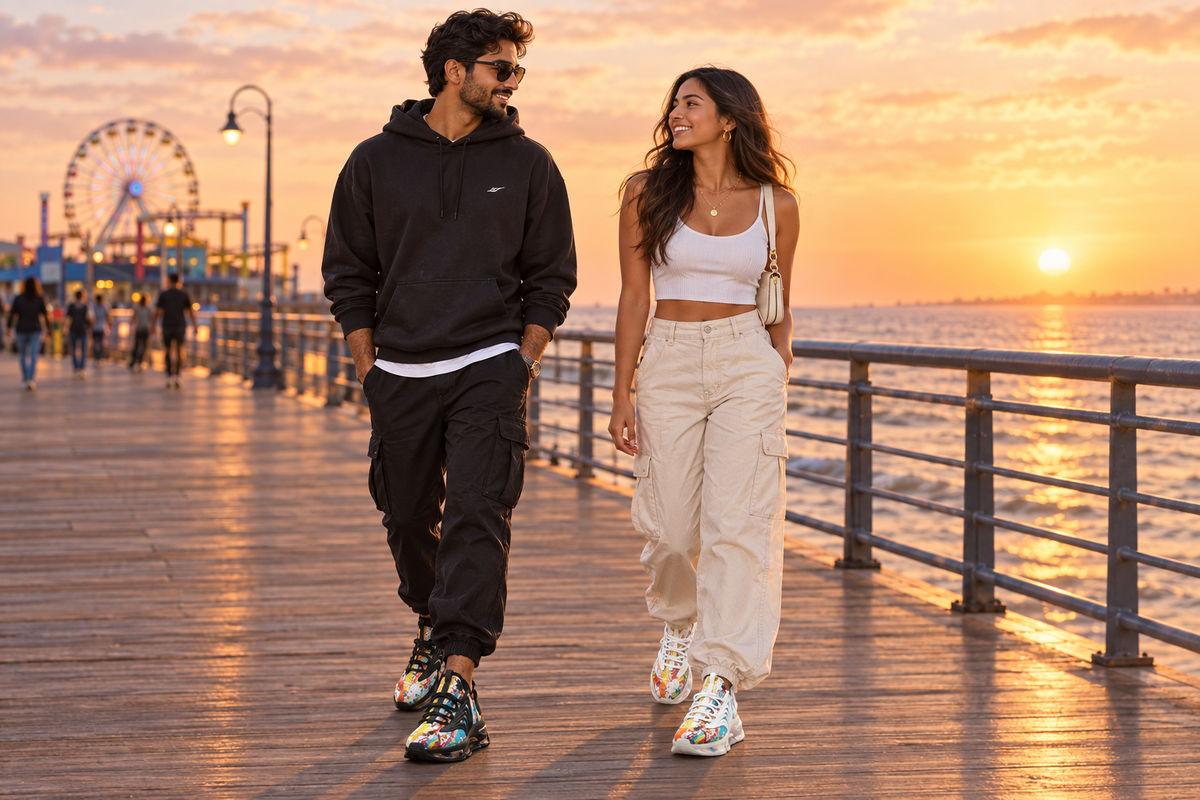 South Asian man and Latina woman on a boardwalk pier at sunset in the paint-splatter sneakers
