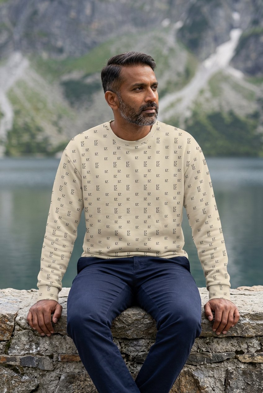South Asian man seated beside a mountain lake