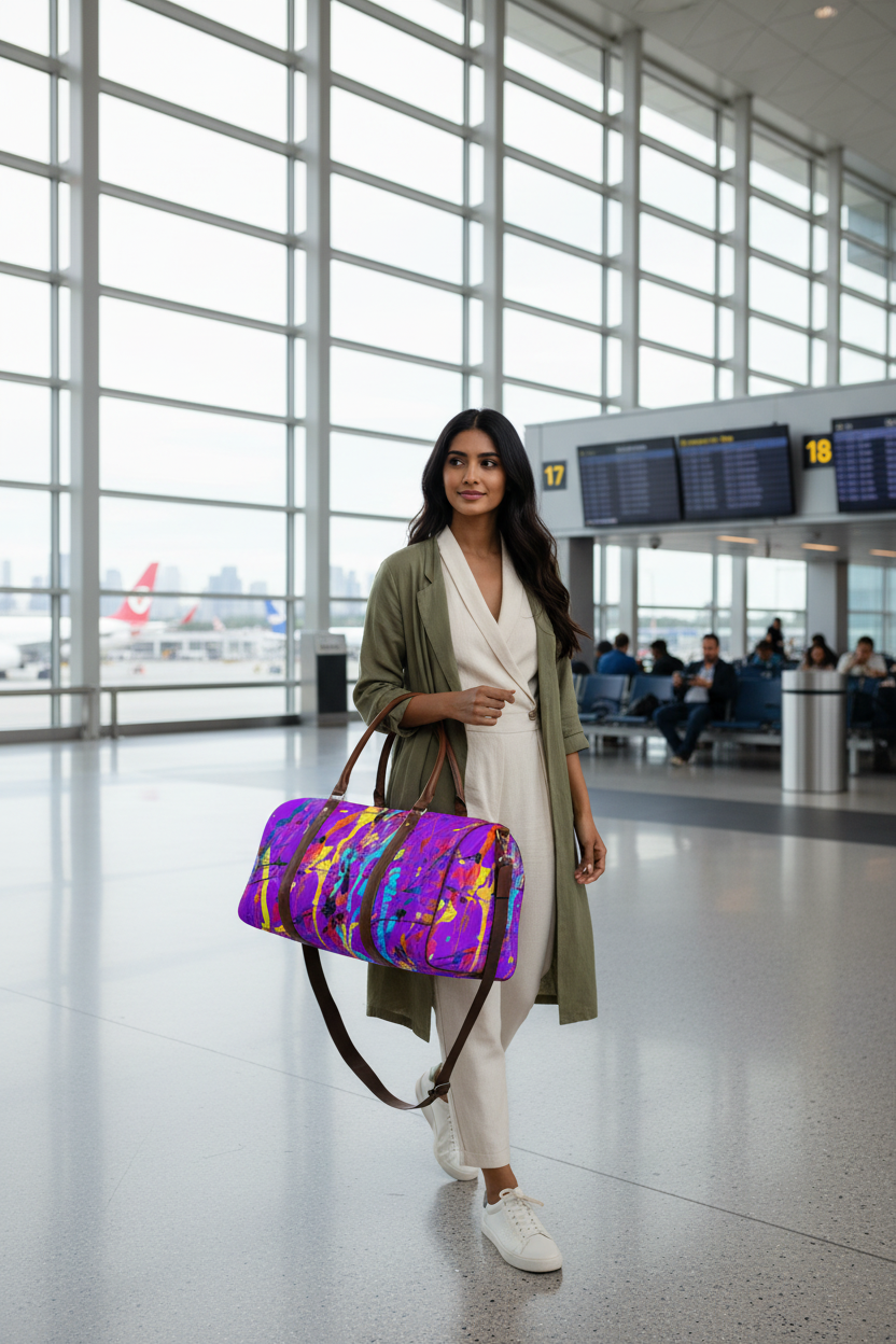 South Asian model airport with duffle bag