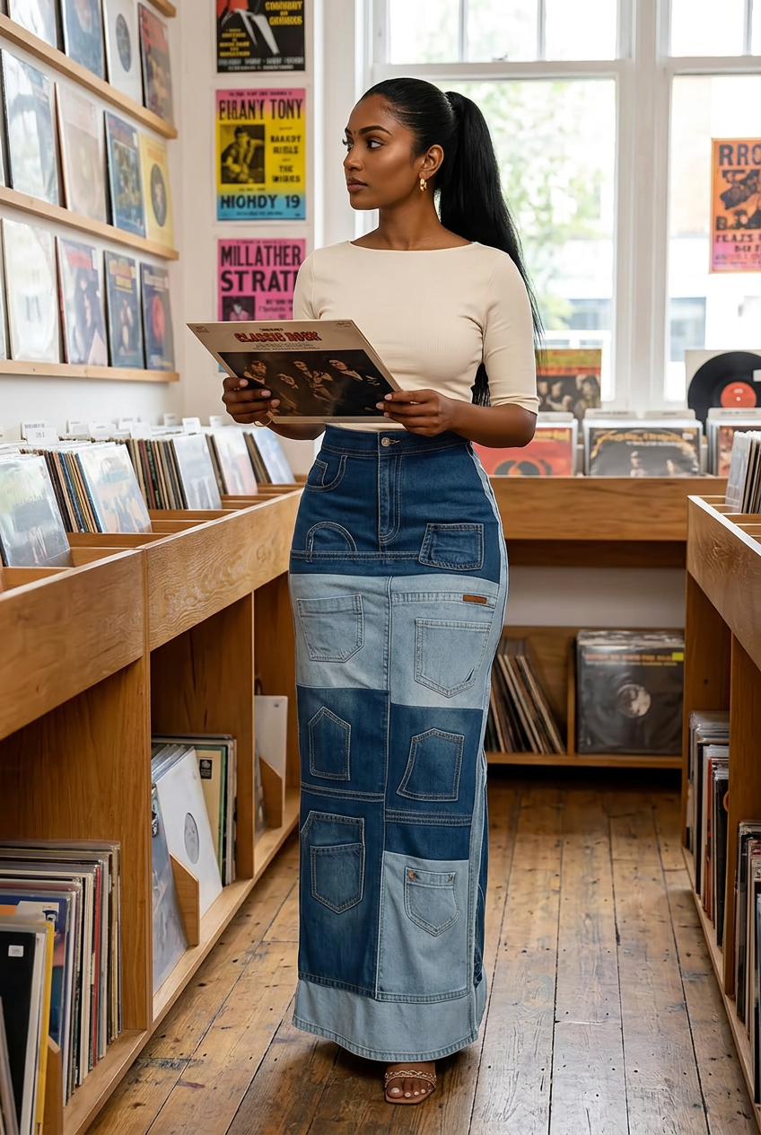 South Asian model browsing a record shop