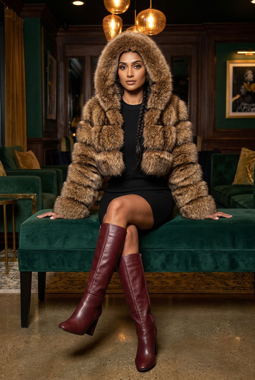 South Asian model in a lounge evening look
