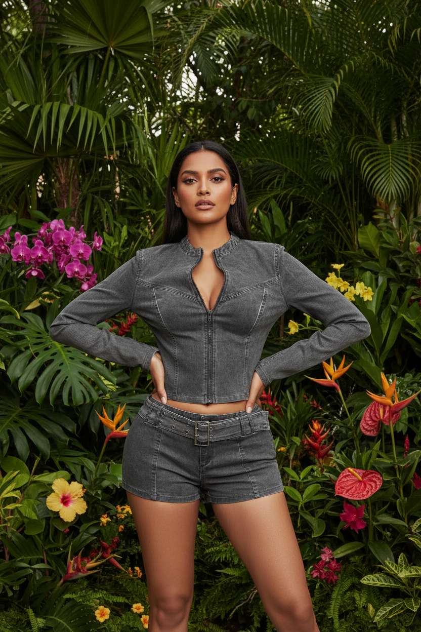 South Asian model in grey denim set