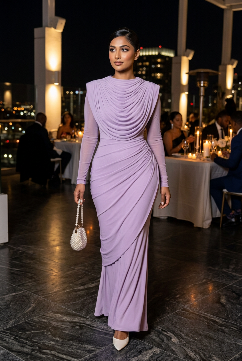South Asian model in the lavender gown with pearl-white heels at a rooftop formal dinner
