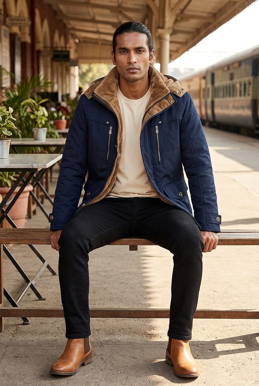 South Asian model seated at an outdoor railway café with the hood down