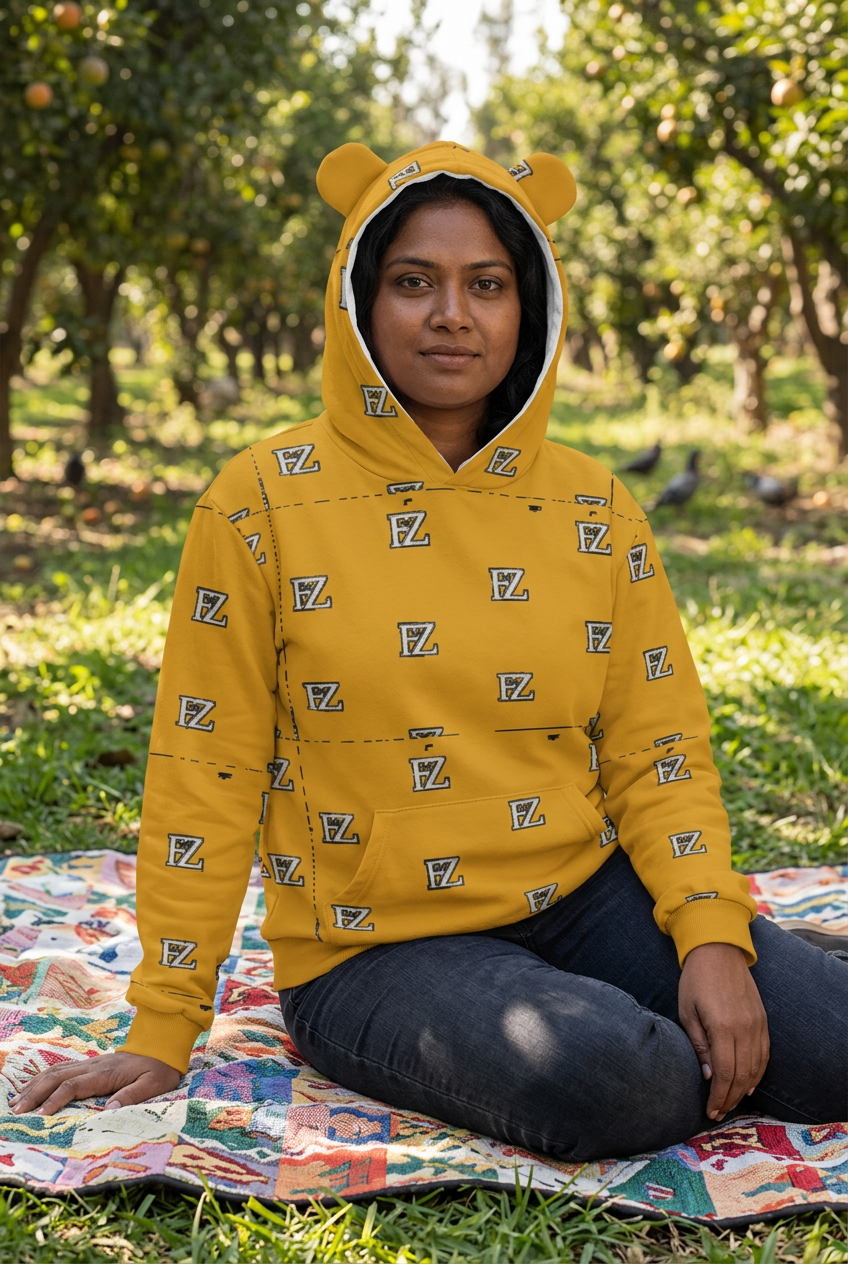 South Asian model seated in an orchard