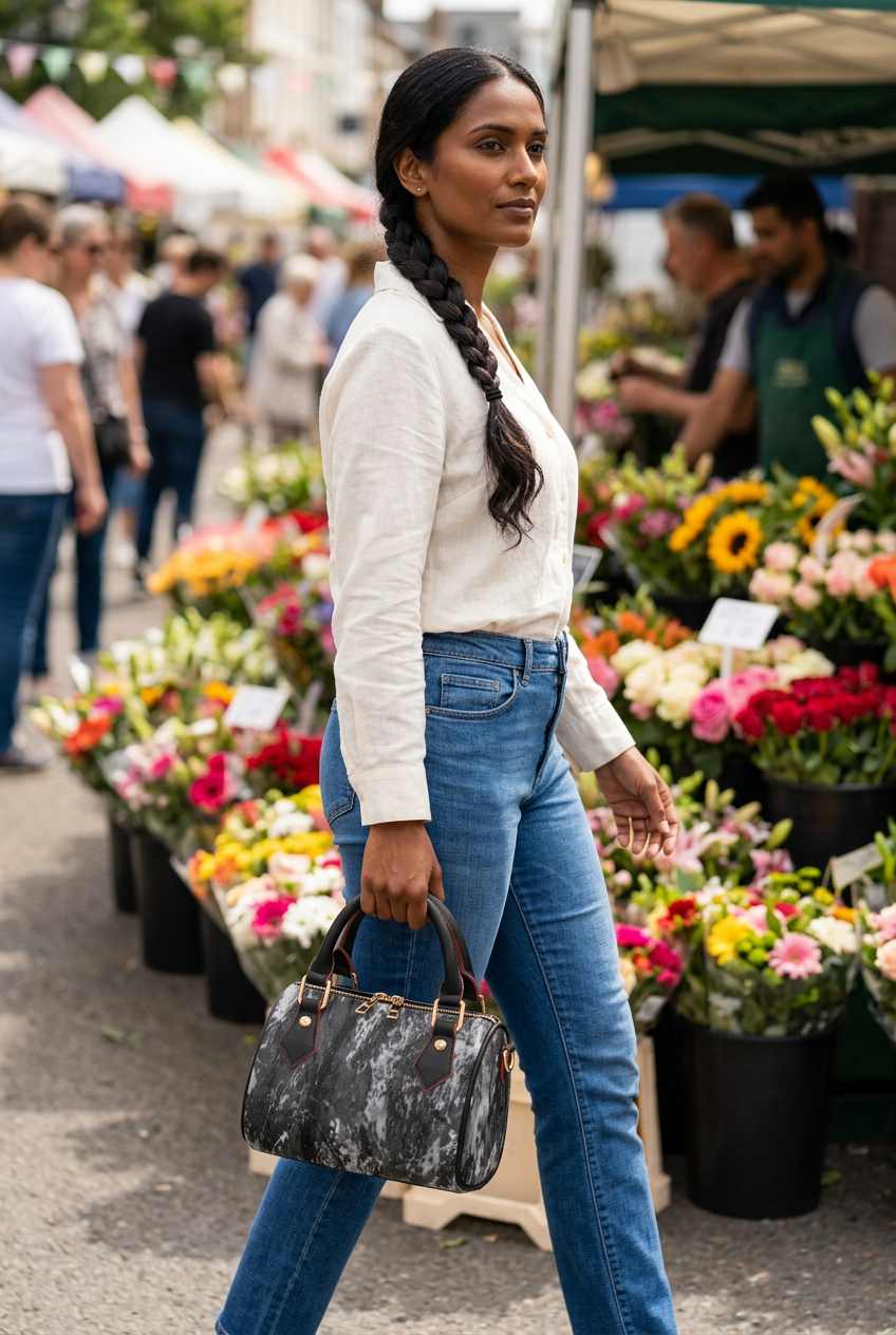 South Asian woman carrying the black-trim handbag through a flower market