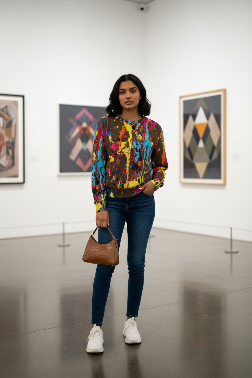 South Asian woman in dark paint splatter sweatshirt, gallery setting