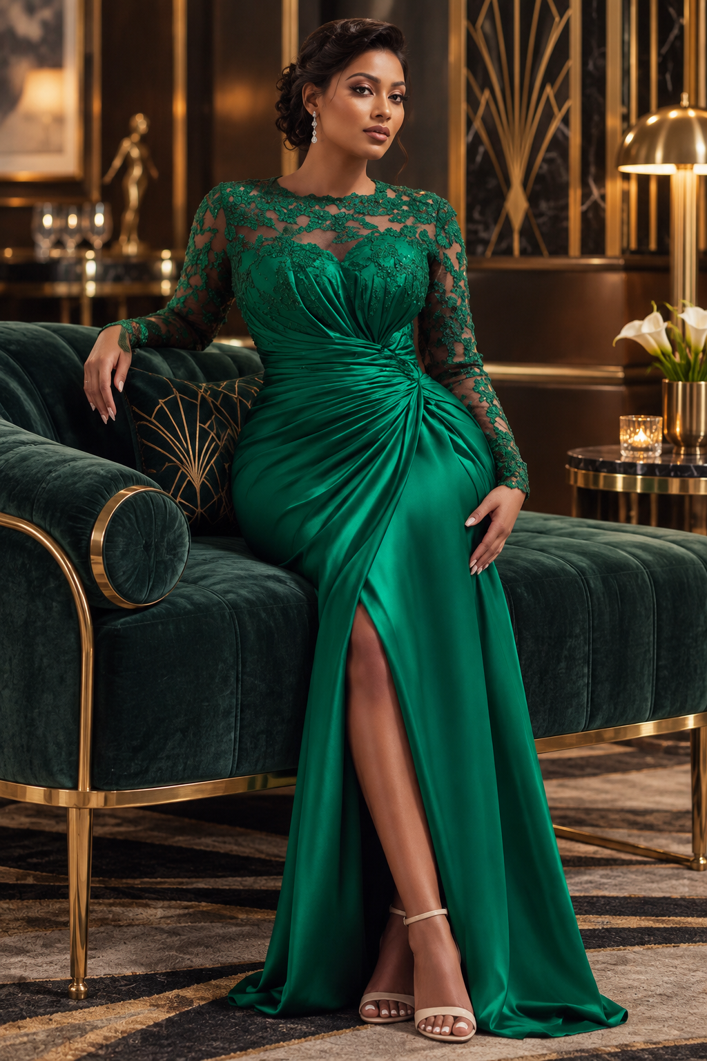 South Asian woman in the emerald gown on a velvet chaise in an art deco lounge