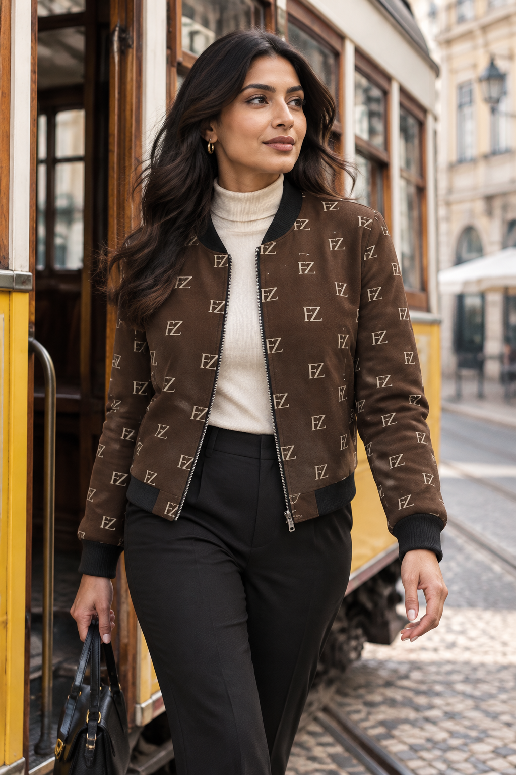 South Asian woman in the women's brown FZ bomber stepping off a vintage tram