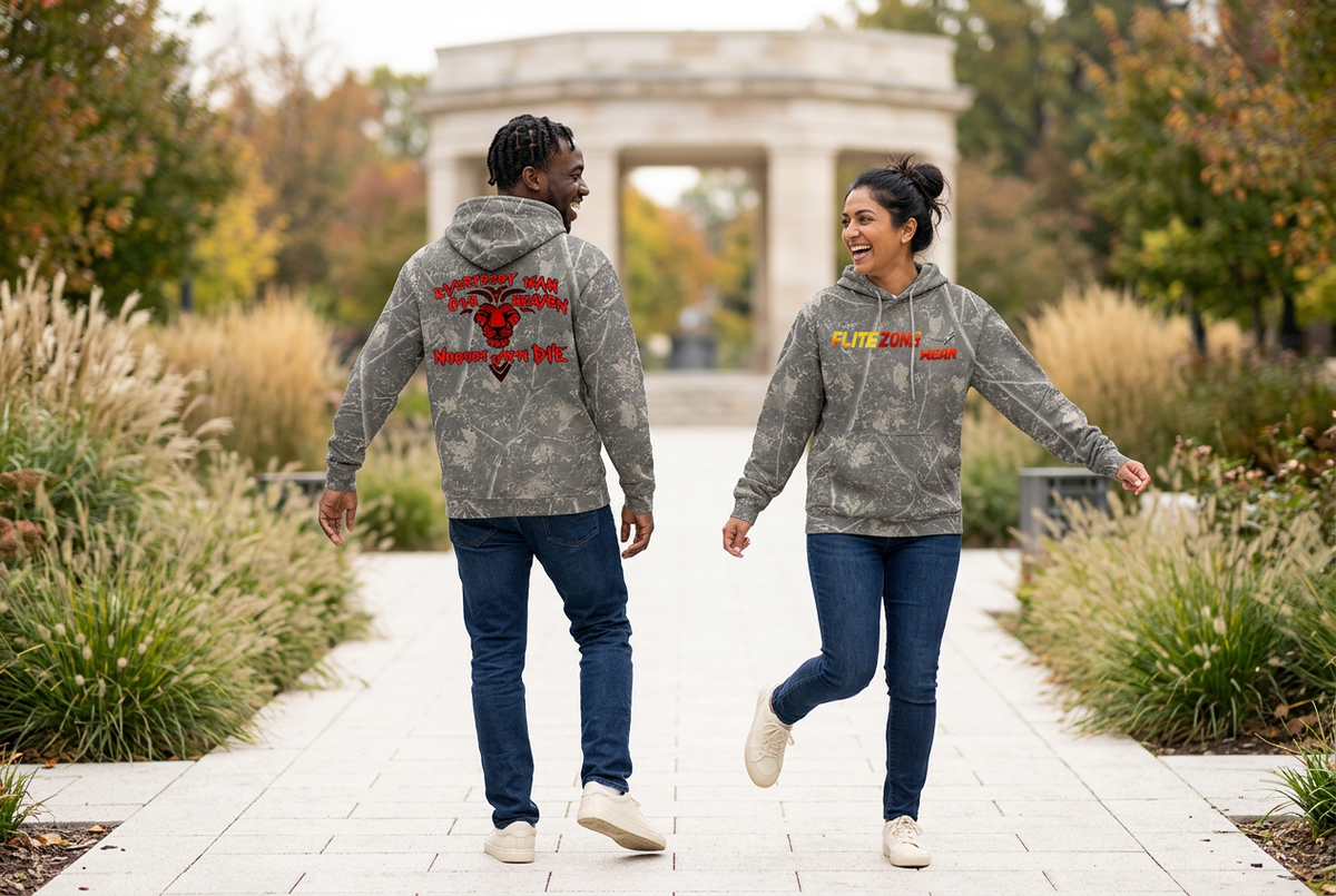 South Asian woman showing the hoodie front and Black man showing the back in a playful park scene