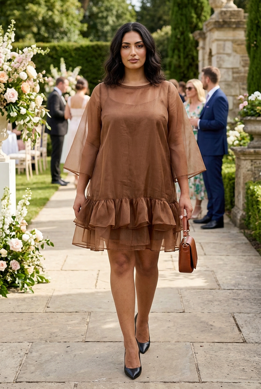 Tall curvy Middle Eastern model walking along a garden promenade in black pumps
