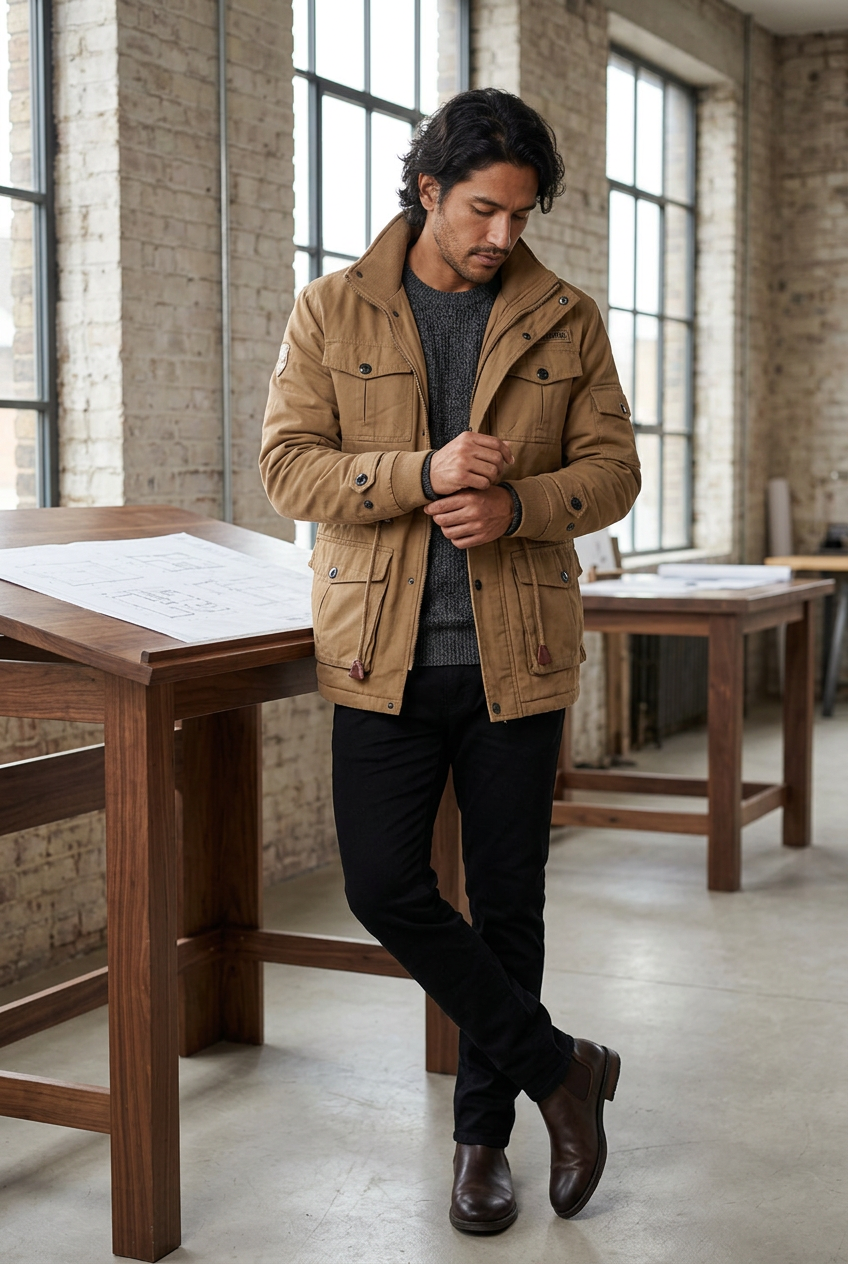 Tan utility jacket styled in an architect’s studio