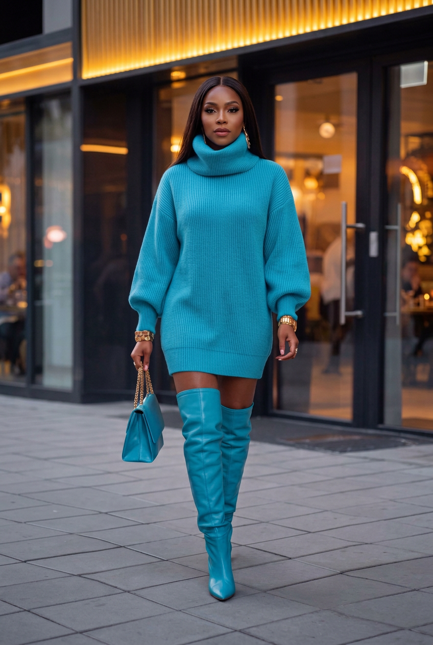 Turquoise thigh-high boots outside a restaurant