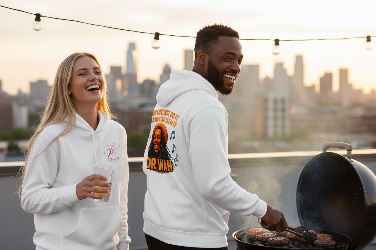 Two friends at a rooftop barbecue wearing the hoodie, front and back visible