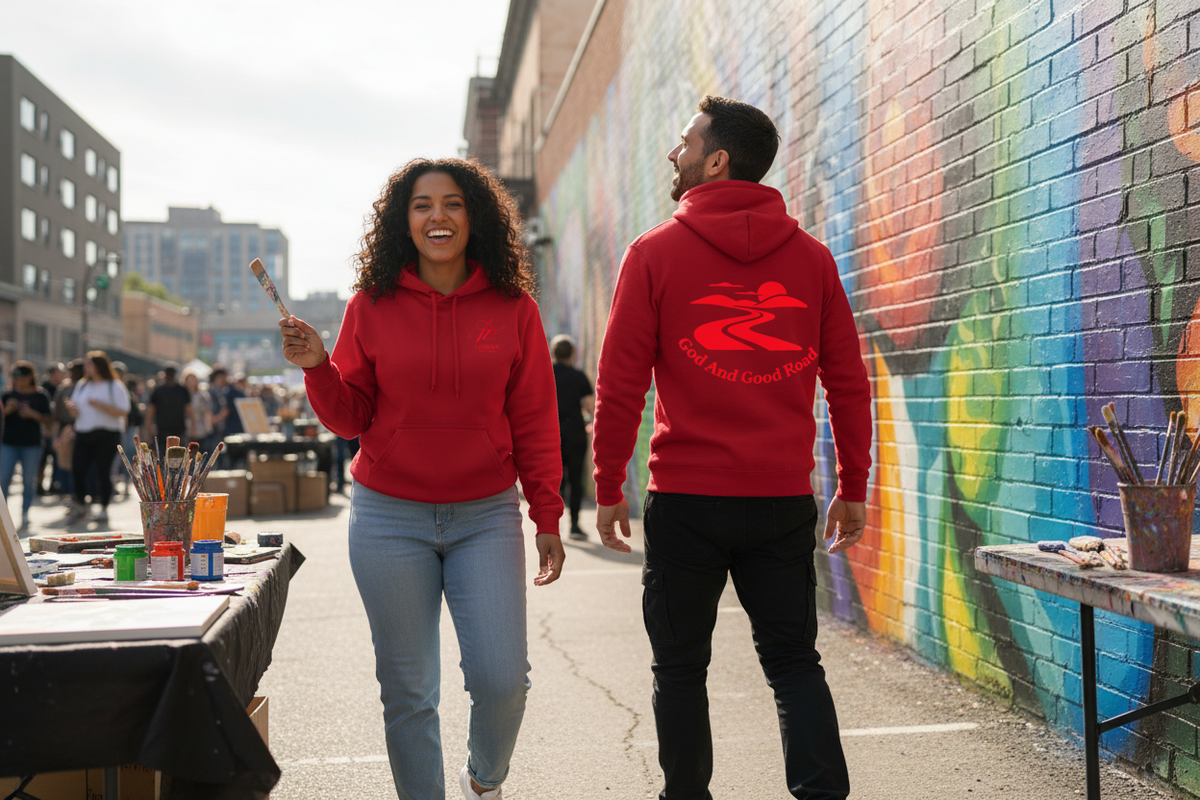 Two friends at a street art festival with the hoodie front and back clearly visible