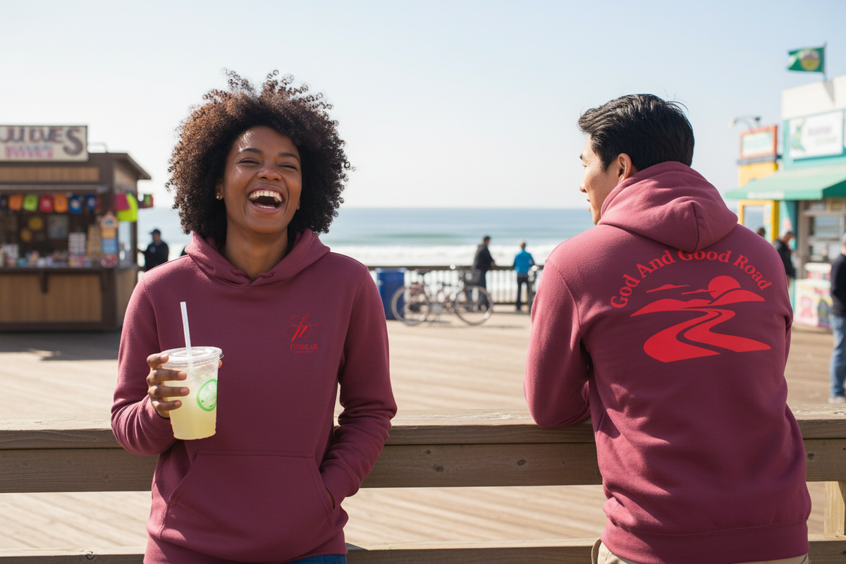 Two friends on a seaside boardwalk with the hoodie front and back clearly visible