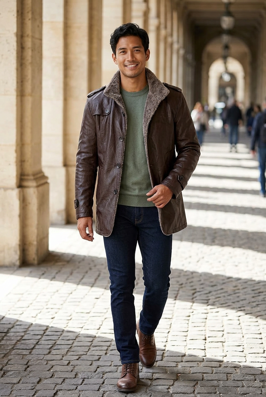 Vietnamese male model wearing the dark-brown jacket in a historic arcade