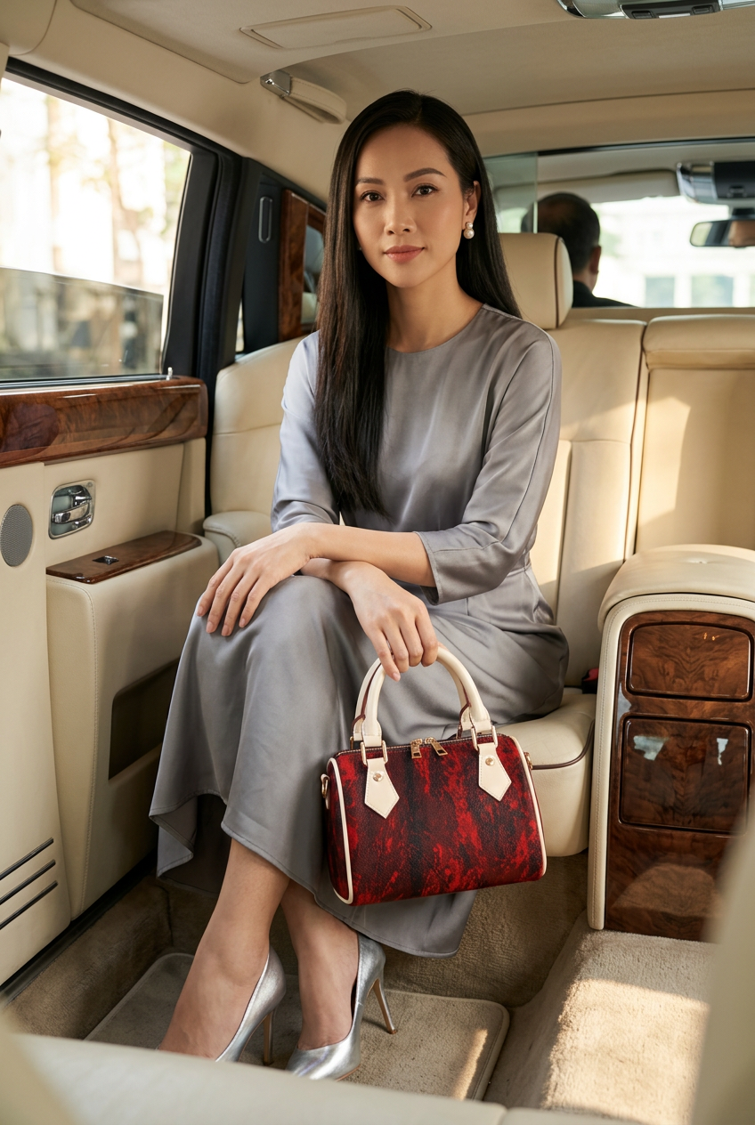 Vietnamese woman in gray silk holding the handbag inside a chauffeur-driven limousine