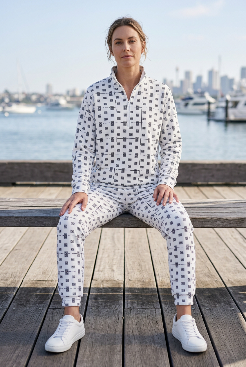 White female model seated on a waterfront bench in white sneakers