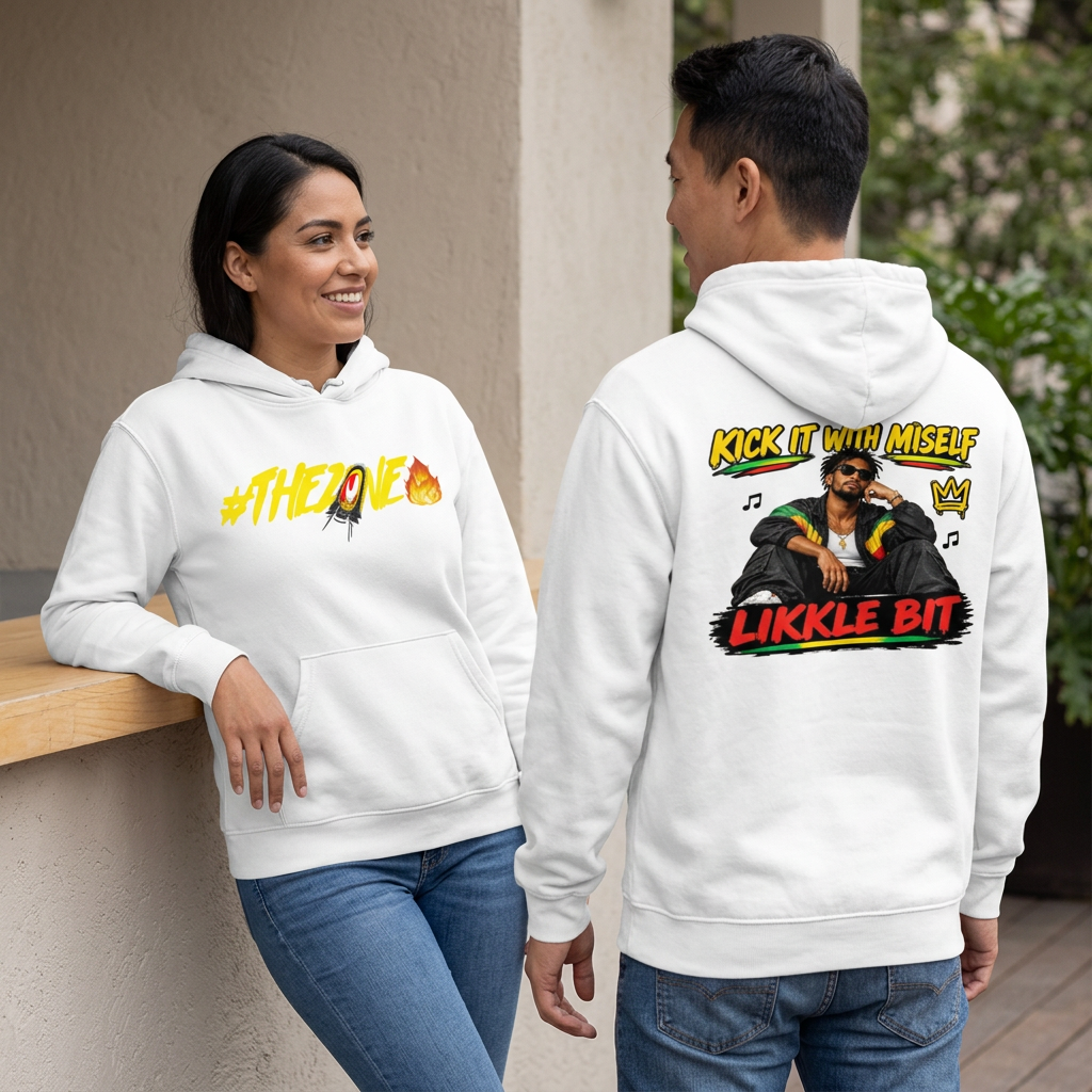 White hoodie lifestyle image with woman showing the front and man showing the Kick It With Miself back design