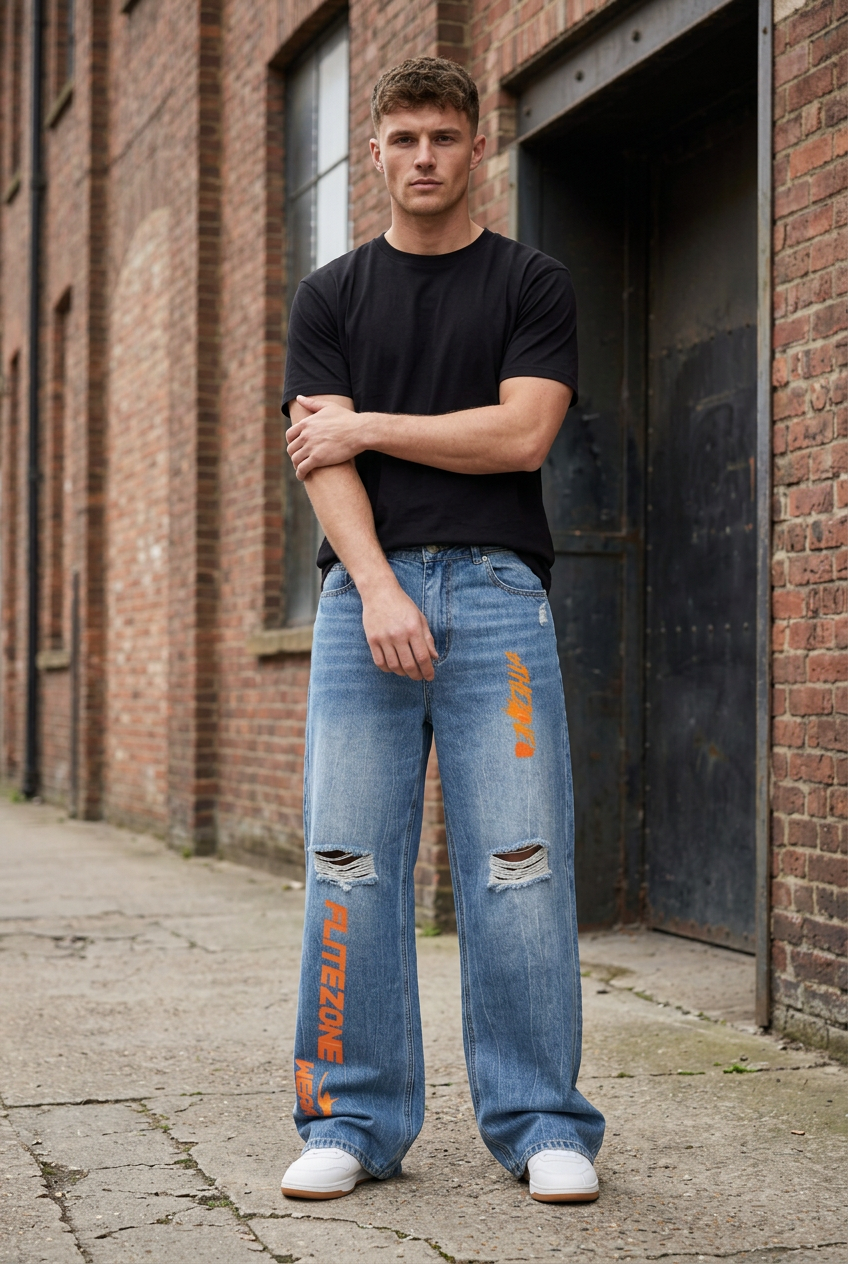 White male model outside an industrial brick building