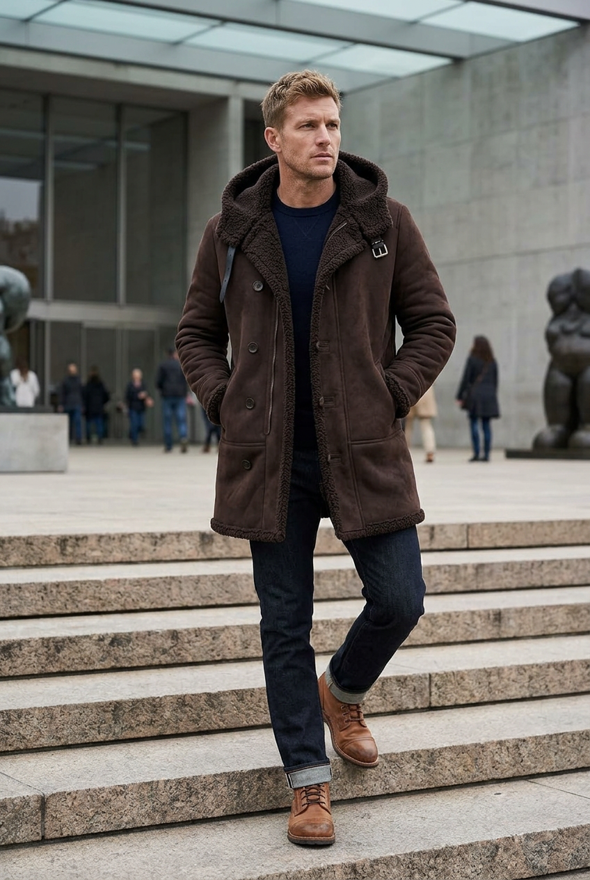 White male model posing on museum steps