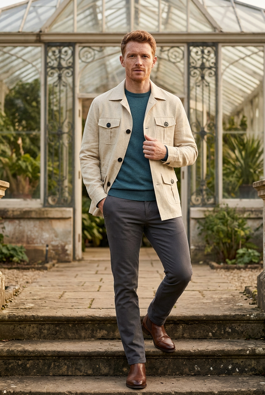 White male model wearing the beige cargo jacket outside a garden conservatory