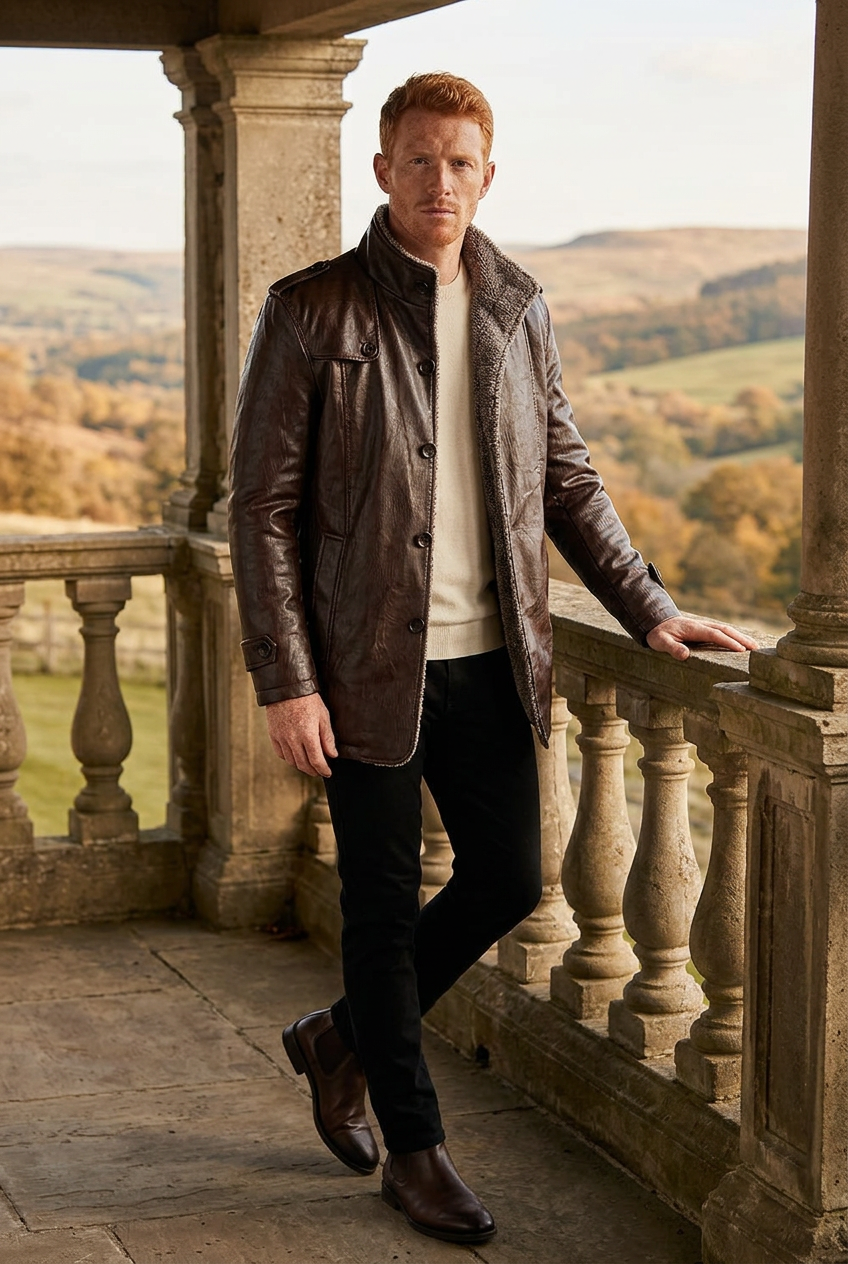 White male model wearing the dark-brown jacket on a countryside lodge terrace