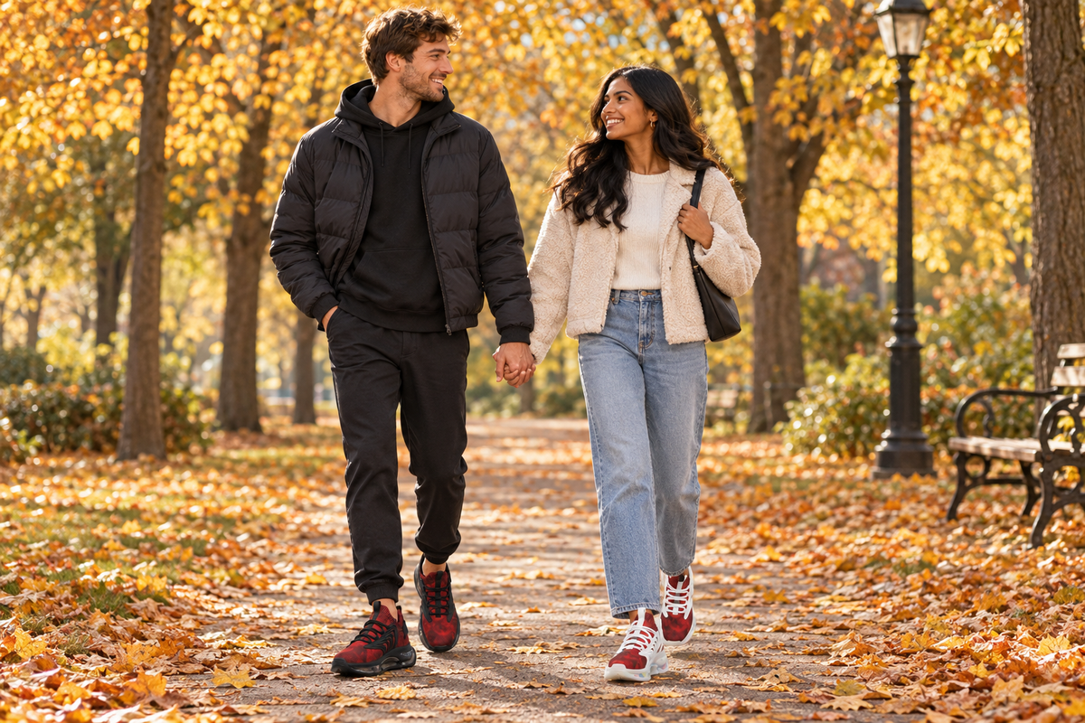 White man and South Asian woman in an autumn park in the red-and-black sneakers