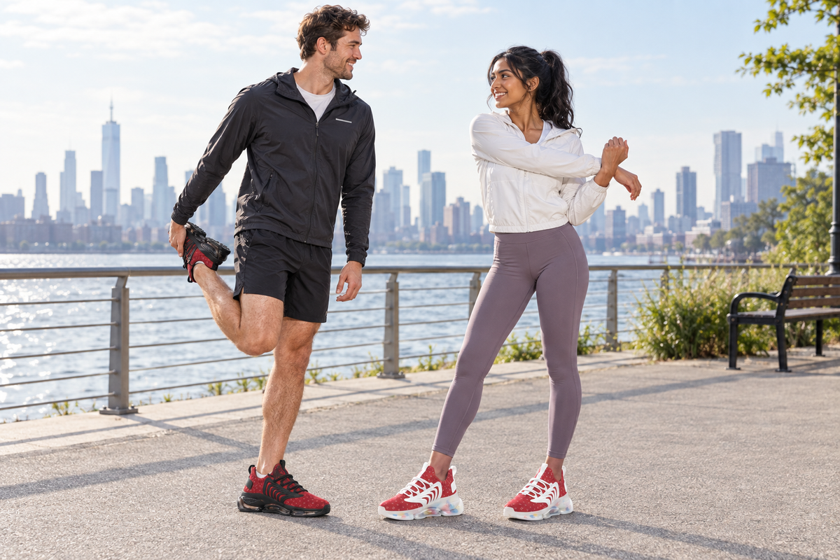 White man and South Asian woman stretching at a waterfront park in the red Z-logo sneakers