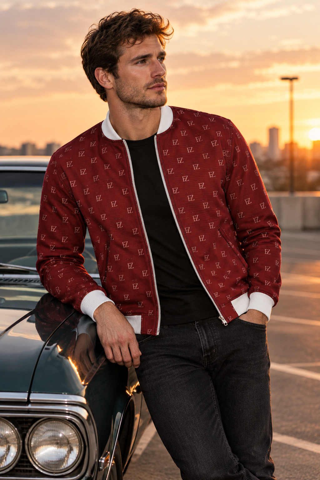 White man in the burgundy FZ bomber leaning on a vintage car at sunset