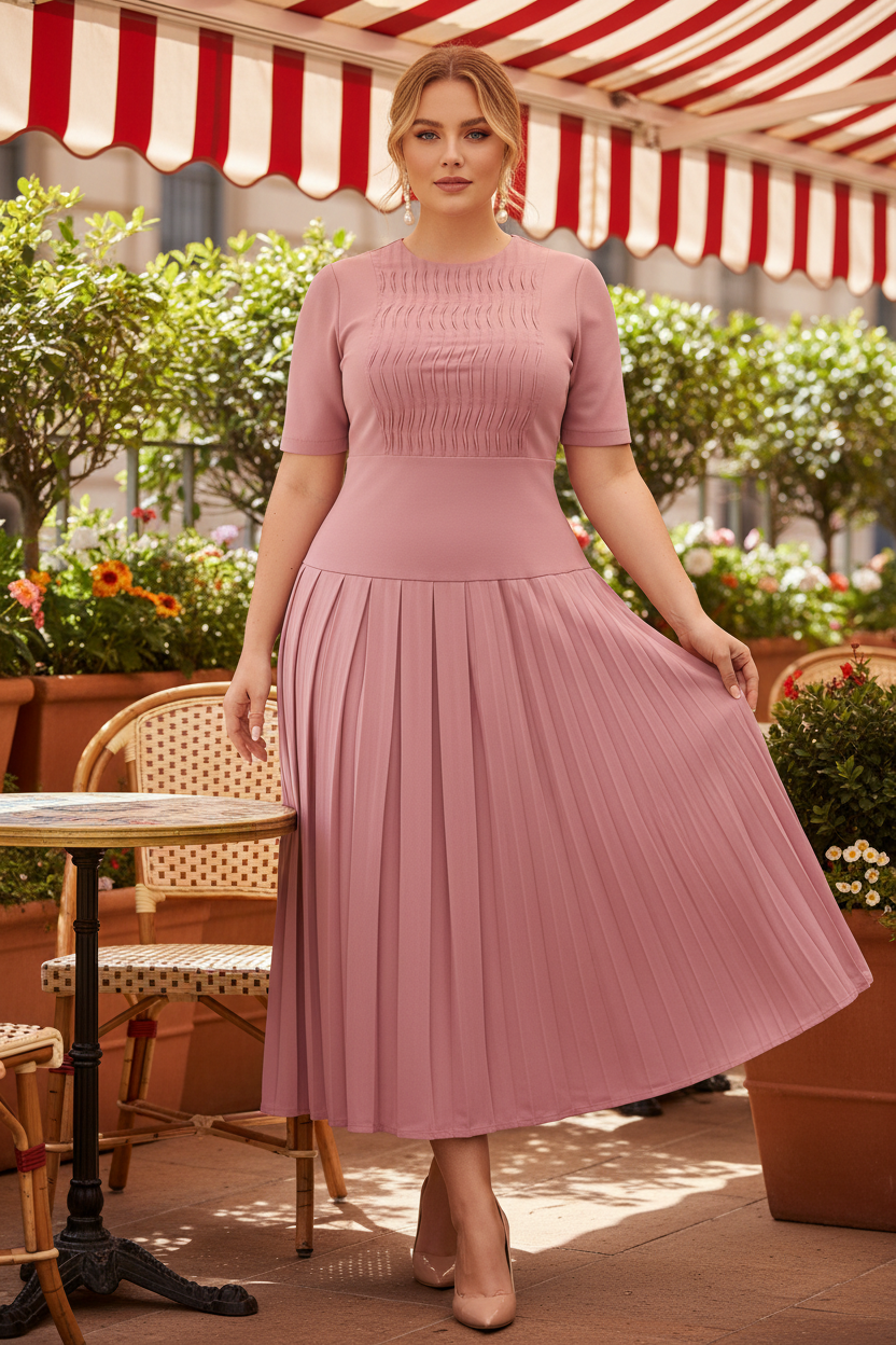 White model in blush-pink pleated set at a café terrace