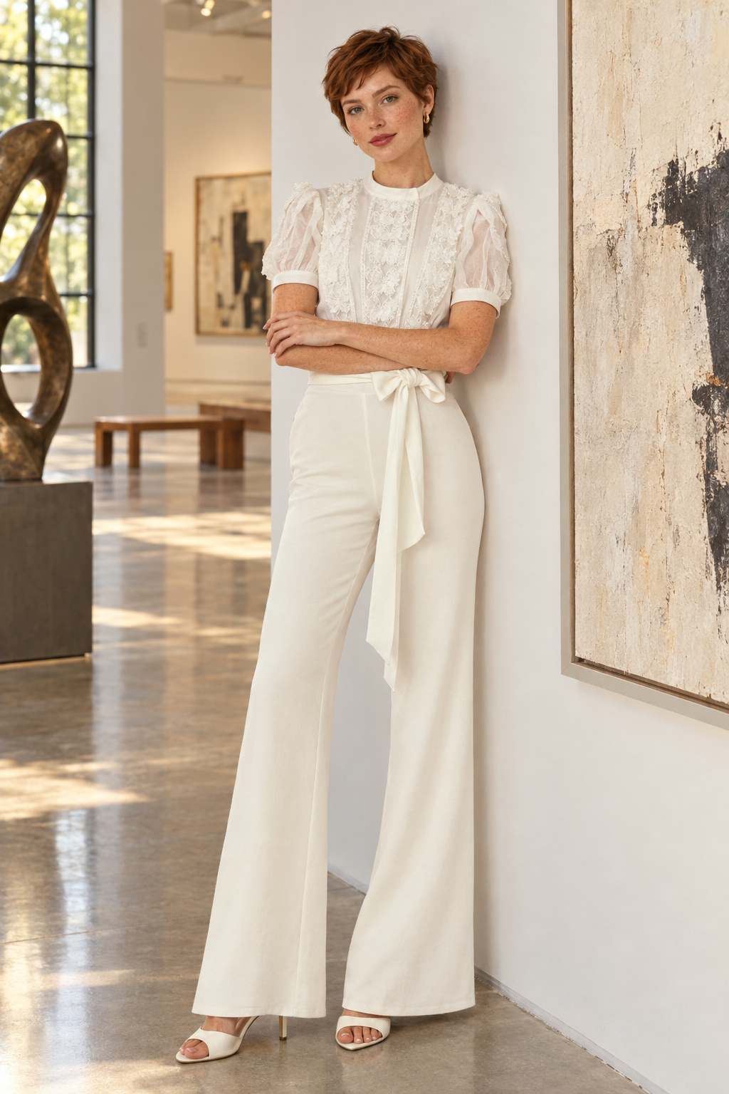 White model leaning in an art gallery