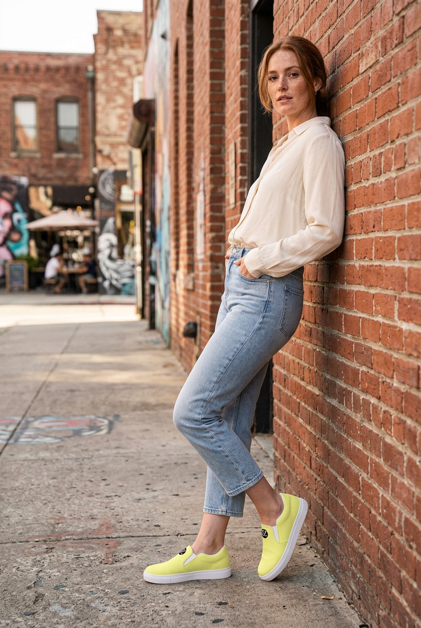 White model posing against a brick wall
