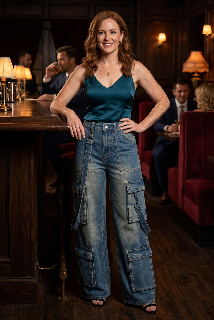 White model posing at a speakeasy party in cargo jeans and black heels