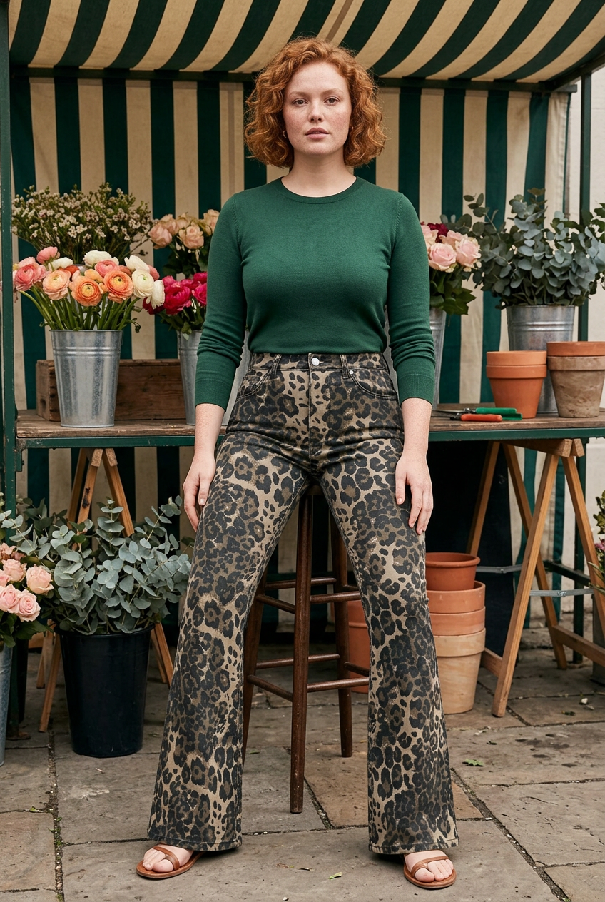 White model seated beside an outdoor florist worktable