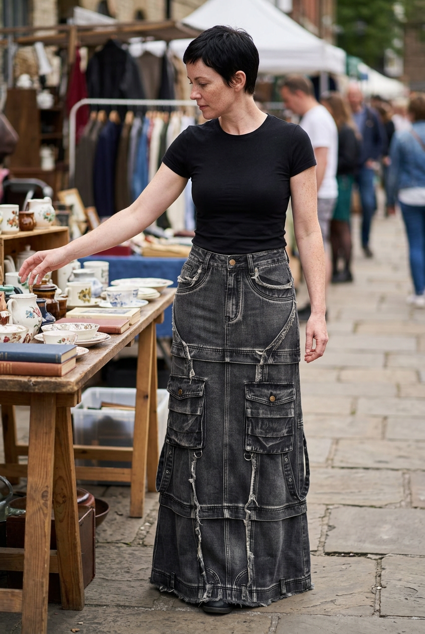 White model wearing the cargo maxi skirt