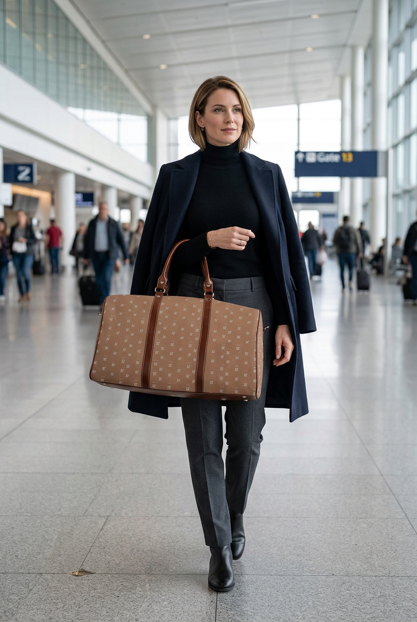White woman carrying the bag on her forearm through an airport
