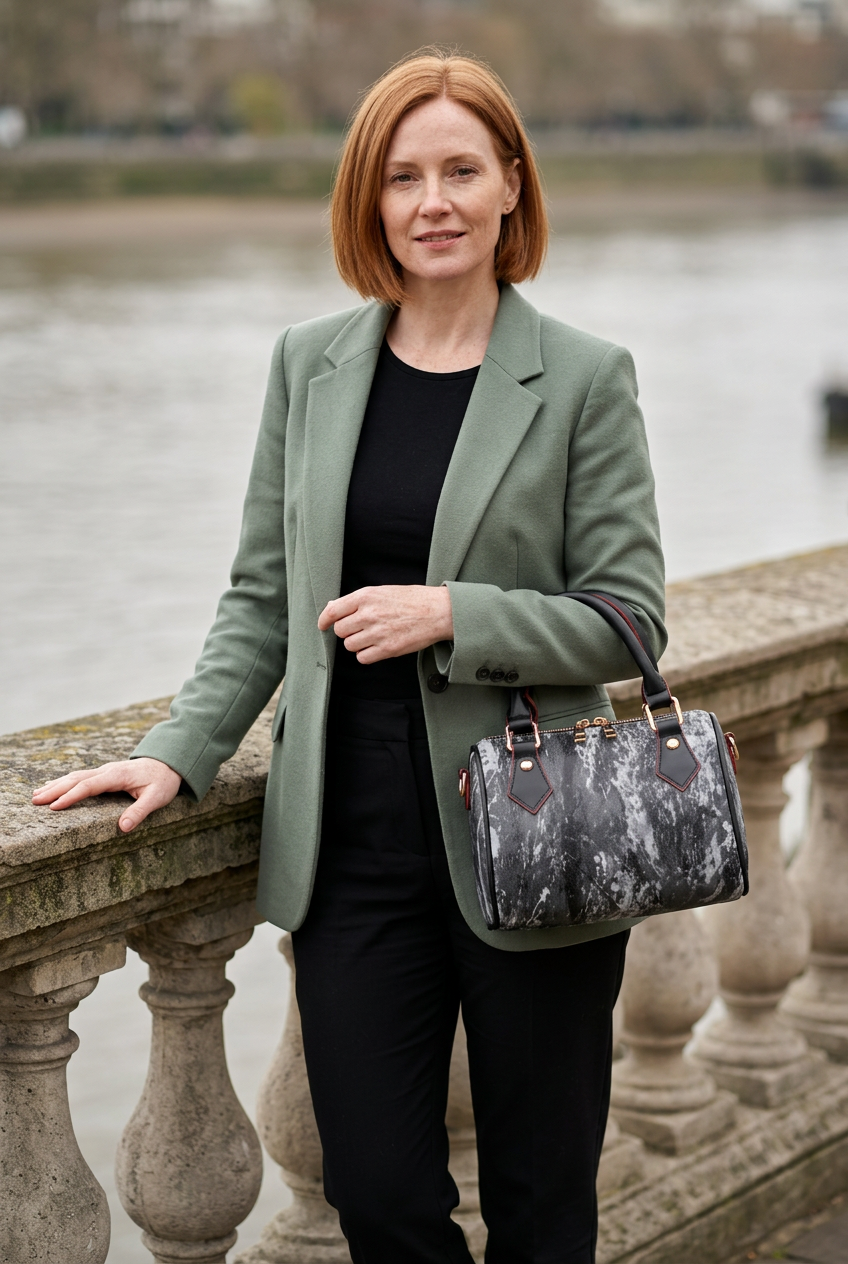 White woman carrying the black-trim handbag beside a riverside railing