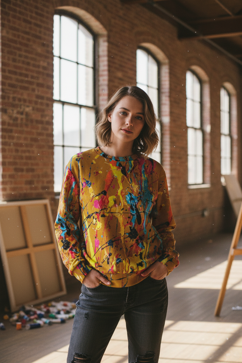 White woman in golden mustard paint splatter sweatshirt, Brooklyn loft setting