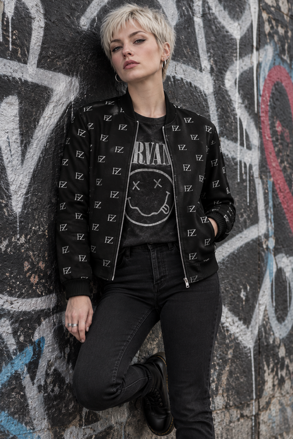 White woman in the women's black FZ bomber against a graffiti wall