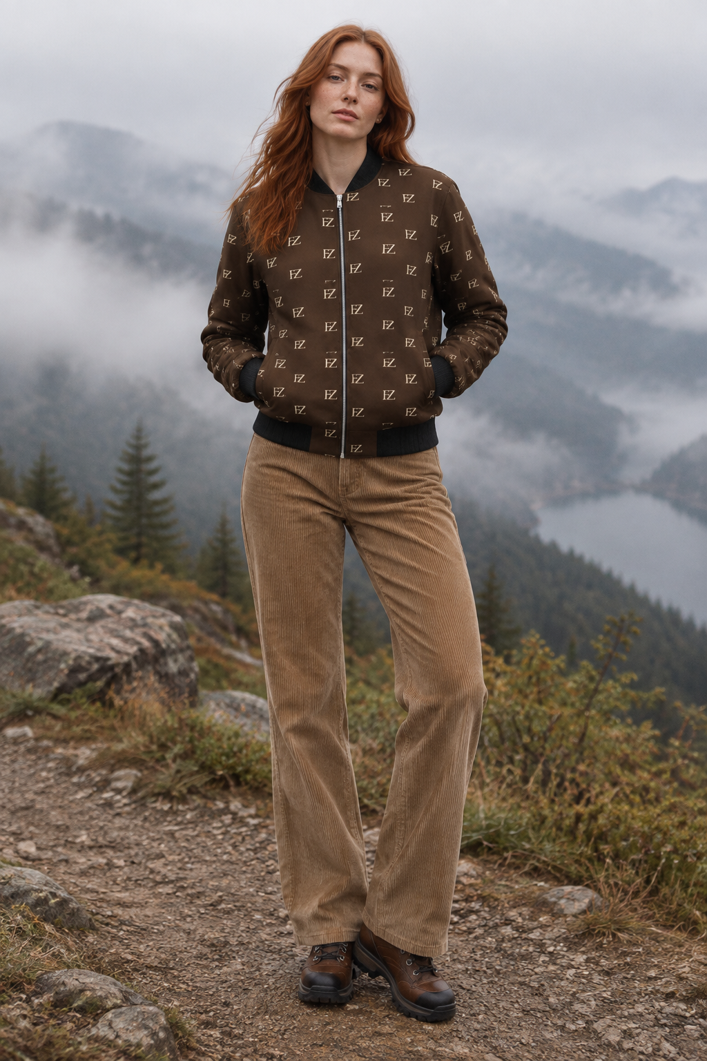 White woman in the women's brown FZ bomber on a misty mountain trail