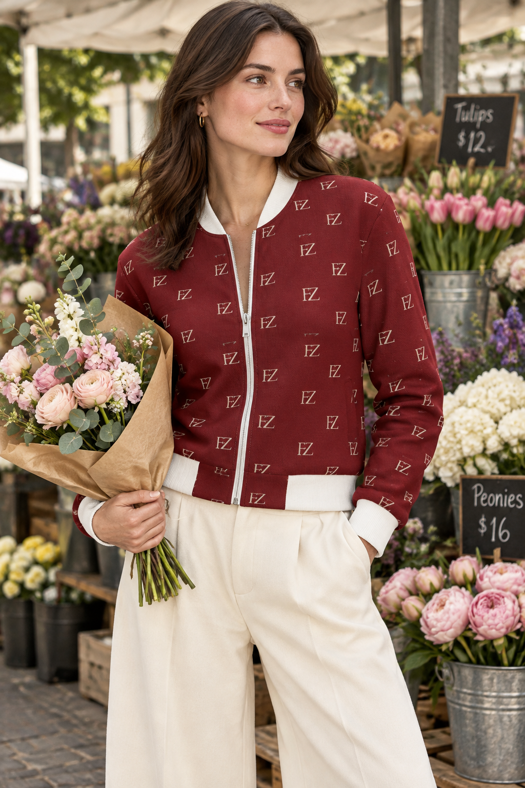White woman in the women's burgundy FZ bomber at a flower market