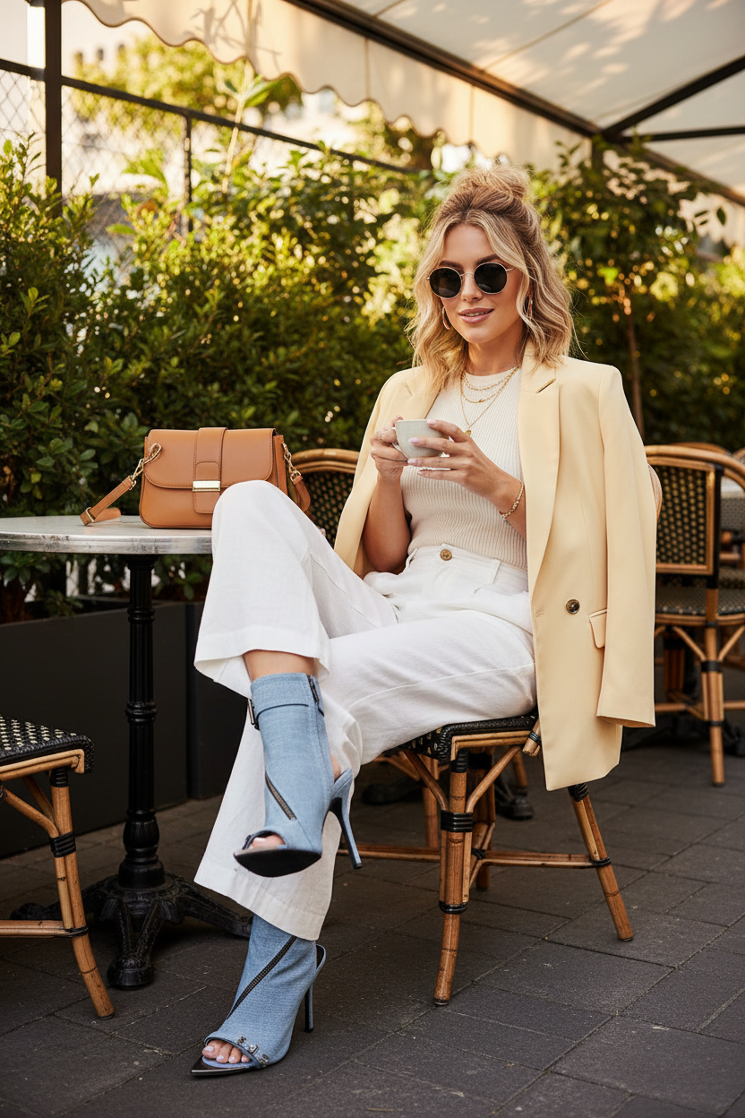 White woman wearing denim ankle bootie heels at outdoor café