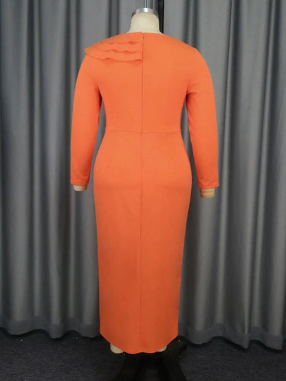 Orange Autumn/winter New Women's Round Neck Ruffled Long Sleeved Slim Fit Slit Long Dress Elegant Birthday Party Evening Dresses FZwear