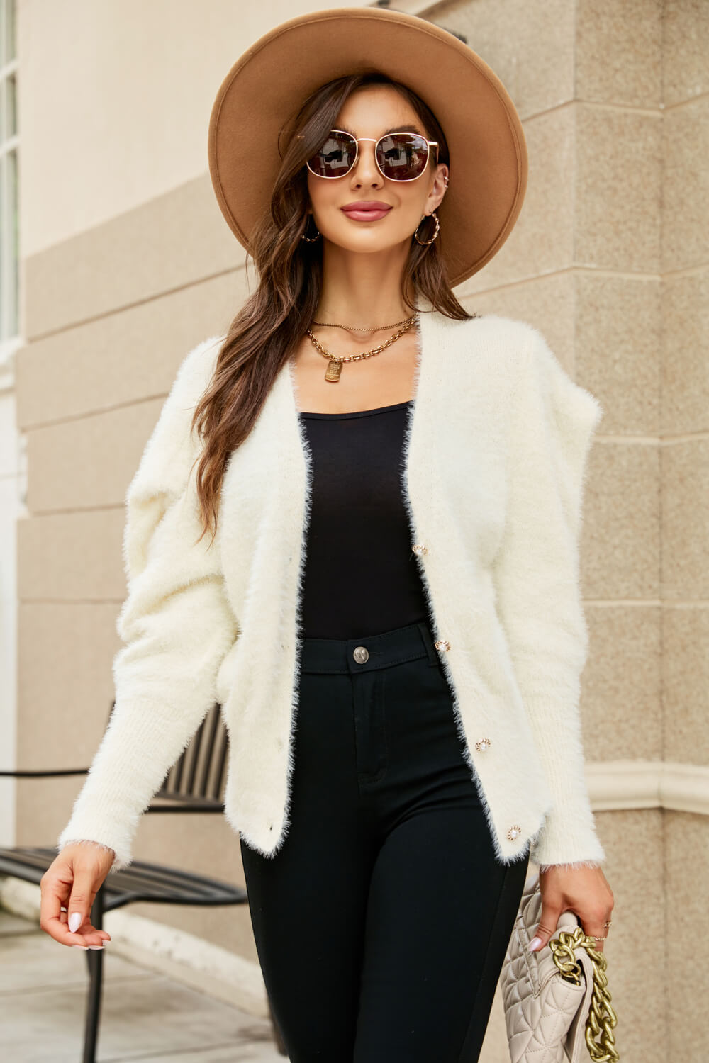 puff sleeve v-neck fuzzy cardigan