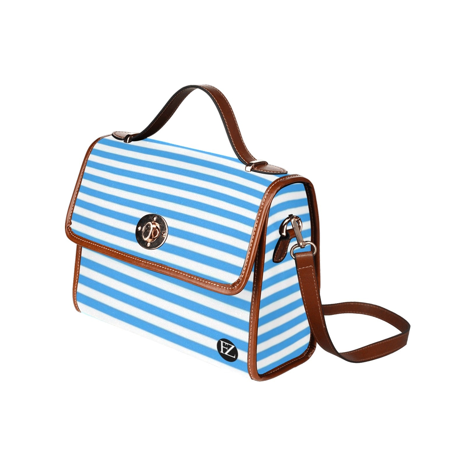 fz blue strip handbag all over print waterproof canvas bag(model1641)(brown strap)