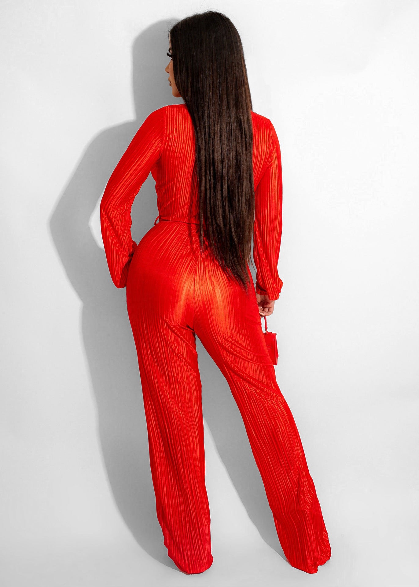 autumn winter low cut sexy collared long sleeve draping pleated jumpsuit