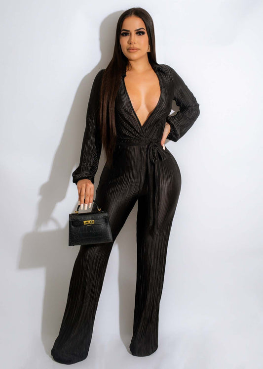 autumn winter low cut sexy collared long sleeve draping pleated jumpsuit