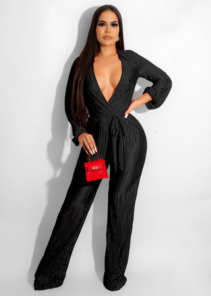 autumn winter low cut sexy collared long sleeve draping pleated jumpsuit